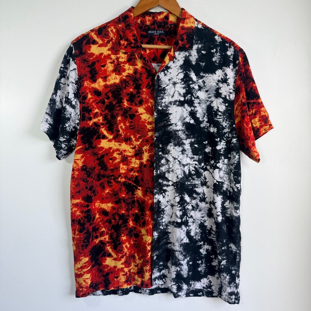 Brave Soul Split Tie Dye Camp Shirt Medium Mens Fire Red Black White Button Up